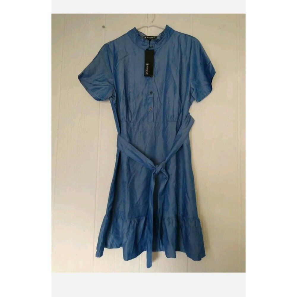 Allegra K Womens XS Blue Ruffle High Neck Button Front Short Sleeve Dress NWT